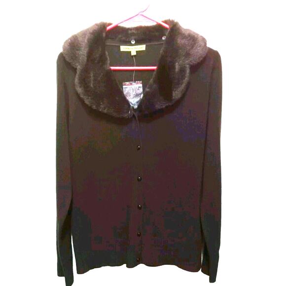 Vtg Carolyn Taylor Removable Faux Fur Collar Brown Cardigan L Retro Mob Wife - Picture 1 of 6